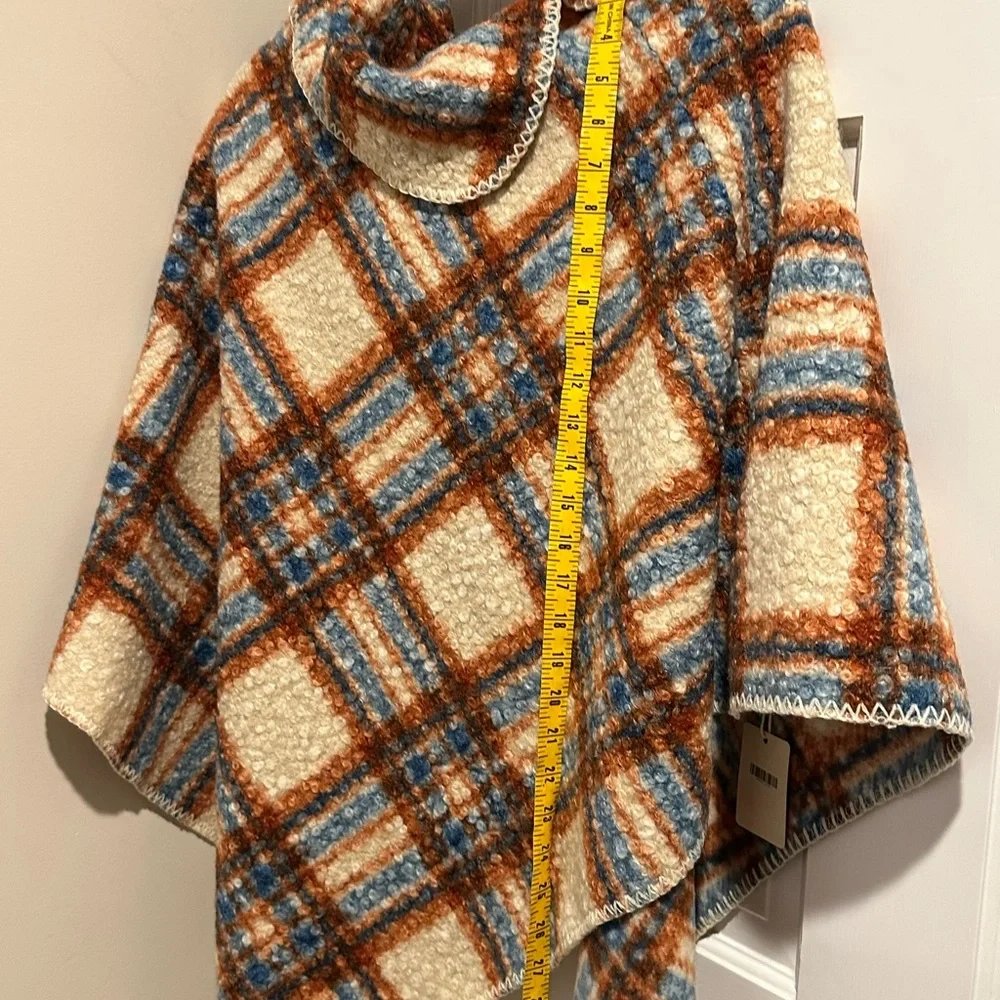 Women's Cape in Cream, Blue, and Orange/Caramel Plaid